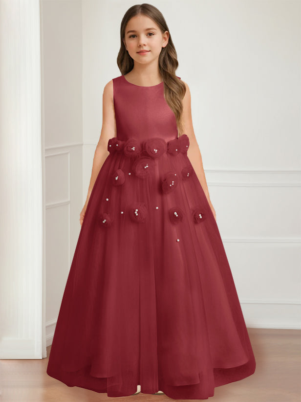 Robe de Demoiselle D'Honneur A-Line/Princess à Col Rond Sans Manches et Longueur Au Sol avec Motif Floral 3D