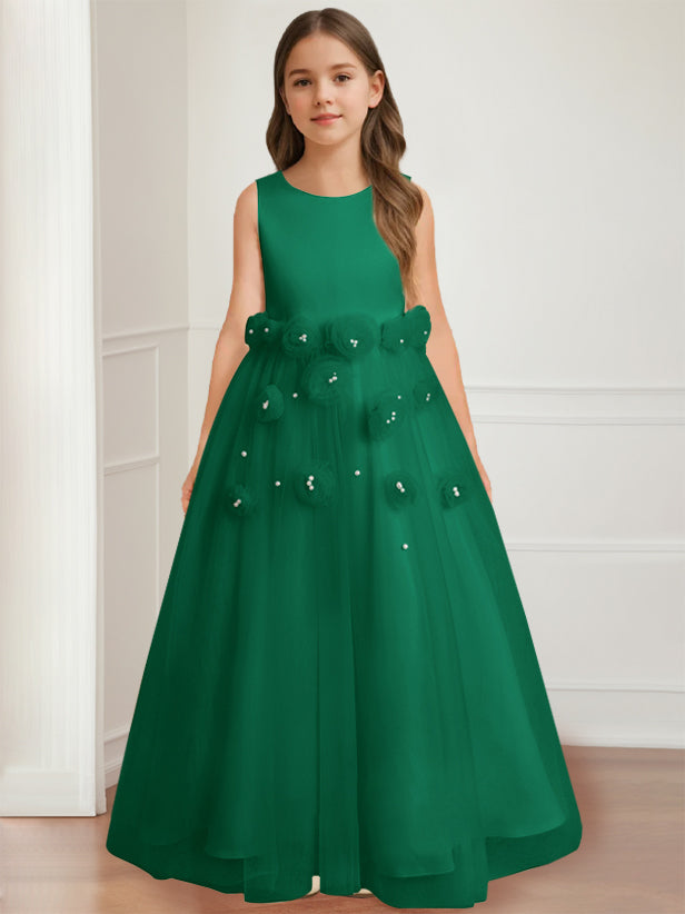 Robe de Demoiselle D'Honneur A-Line/Princess à Col Rond Sans Manches et Longueur Au Sol avec Motif Floral 3D