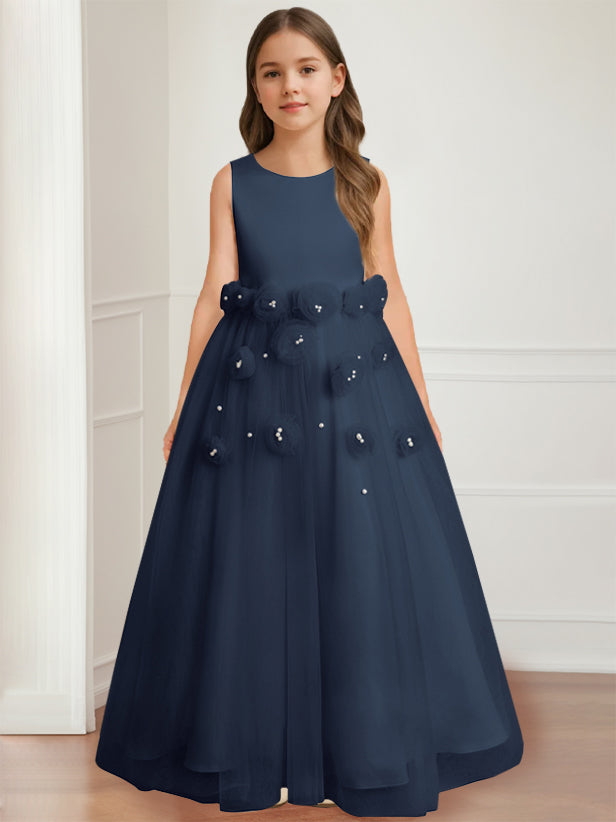 Robe de Demoiselle D'Honneur A-Line/Princess à Col Rond Sans Manches et Longueur Au Sol avec Motif Floral 3D