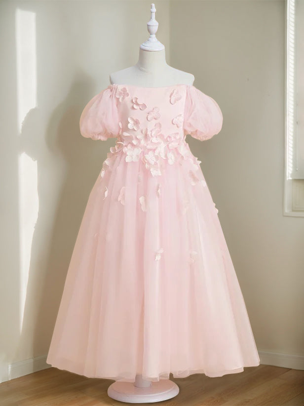 Robe de Demoiselle D'Honneur A-Line/Princess à Épaules Dénudées et Longueur Cheville avec Perles et Fleurs 3D