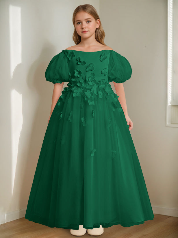 Robe de Demoiselle D'Honneur A-Line/Princess à Épaules Dénudées et Longueur Cheville avec Perles et Fleurs 3D