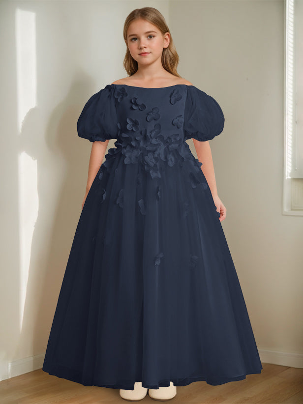 Robe de Demoiselle D'Honneur A-Line/Princess à Épaules Dénudées et Longueur Cheville avec Perles et Fleurs 3D