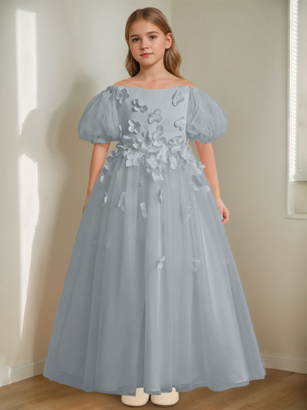 Robe de Demoiselle D'Honneur A-Line/Princess à Épaules Dénudées et Longueur Cheville avec Perles et Fleurs 3D