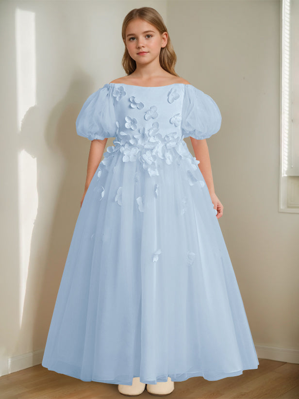 Robe de Demoiselle D'Honneur A-Line/Princess à Épaules Dénudées et Longueur Cheville avec Perles et Fleurs 3D