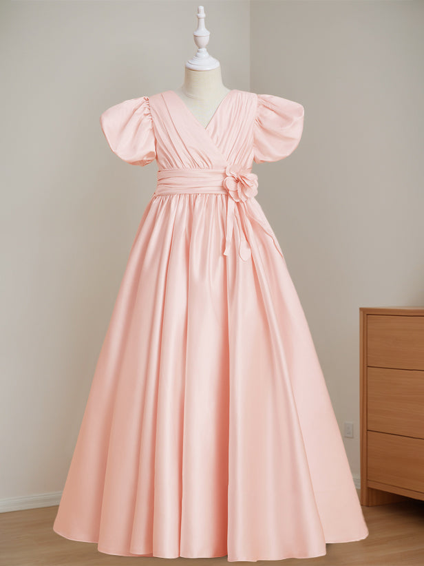 Robe de Demoiselle D'Honneur A-Line/Princess à Col en V et Manches Courtes, Longueur Au Sol, avec Fleurs 3D