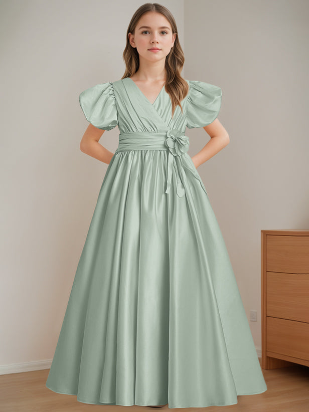 Robe de Demoiselle D'Honneur A-Line/Princess à Col en V et Manches Courtes, Longueur Au Sol, avec Fleurs 3D