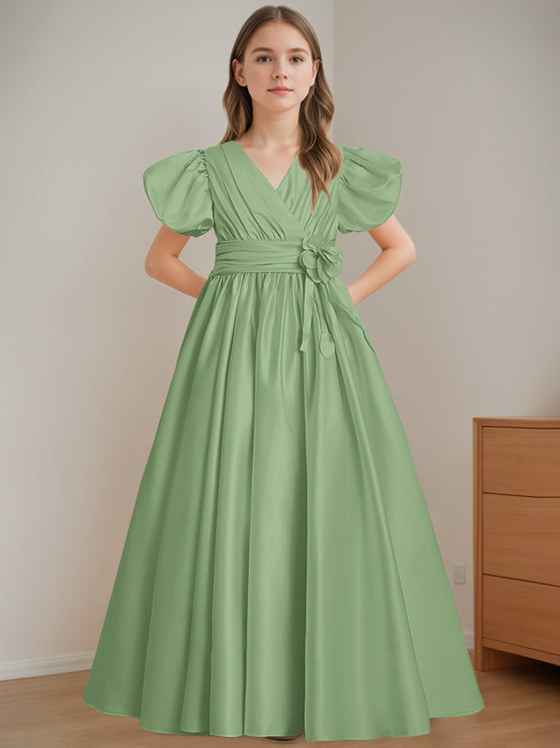 Robe de Demoiselle D'Honneur A-Line/Princess à Col en V et Manches Courtes, Longueur Au Sol, avec Fleurs 3D