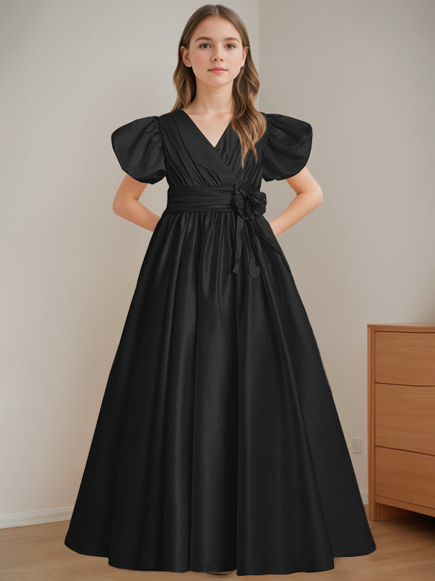 Robe de Demoiselle D'Honneur A-Line/Princess à Col en V et Manches Courtes, Longueur Au Sol, avec Fleurs 3D