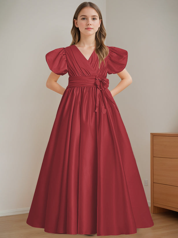 Robe de Demoiselle D'Honneur A-Line/Princess à Col en V et Manches Courtes, Longueur Au Sol, avec Fleurs 3D