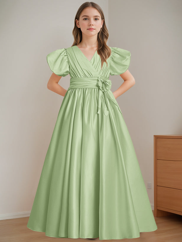 Robe de Demoiselle D'Honneur A-Line/Princess à Col en V et Manches Courtes, Longueur Au Sol, avec Fleurs 3D