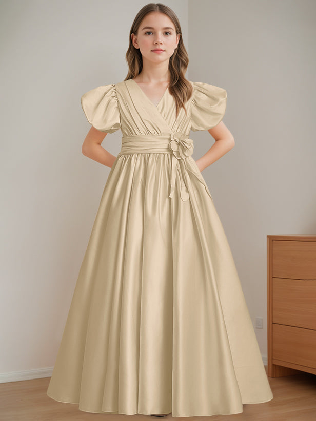 Robe de Demoiselle D'Honneur A-Line/Princess à Col en V et Manches Courtes, Longueur Au Sol, avec Fleurs 3D