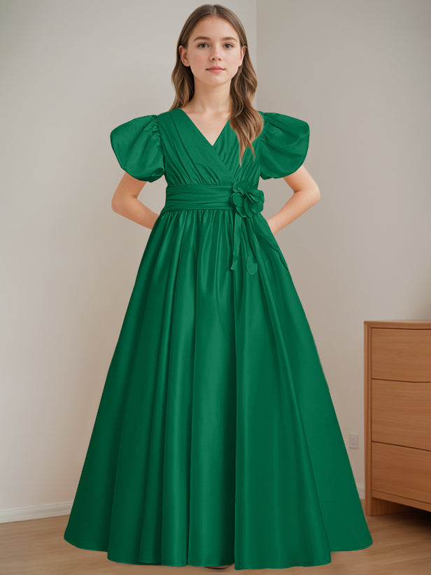 Robe de Demoiselle D'Honneur A-Line/Princess à Col en V et Manches Courtes, Longueur Au Sol, avec Fleurs 3D