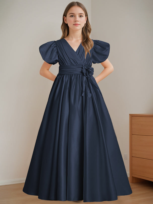 Robe de Demoiselle D'Honneur A-Line/Princess à Col en V et Manches Courtes, Longueur Au Sol, avec Fleurs 3D