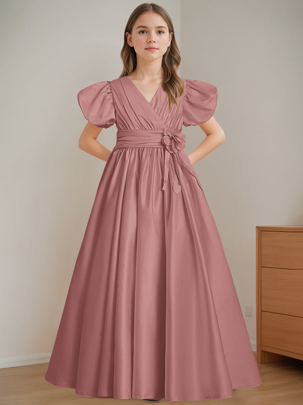 Robe de Demoiselle D'Honneur A-Line/Princess à Col en V et Manches Courtes, Longueur Au Sol, avec Fleurs 3D