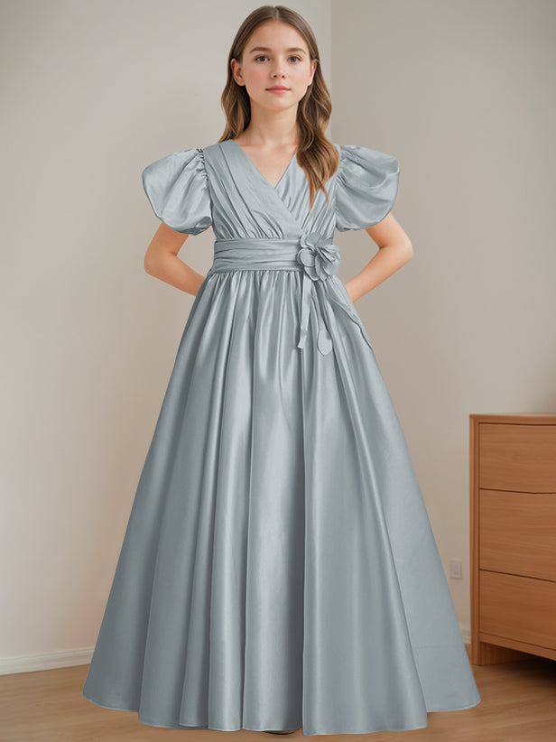 Robe de Demoiselle D'Honneur A-Line/Princess à Col en V et Manches Courtes, Longueur Au Sol, avec Fleurs 3D