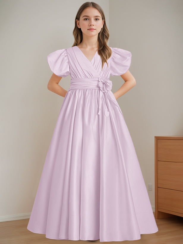 Robe de Demoiselle D'Honneur A-Line/Princess à Col en V et Manches Courtes, Longueur Au Sol, avec Fleurs 3D