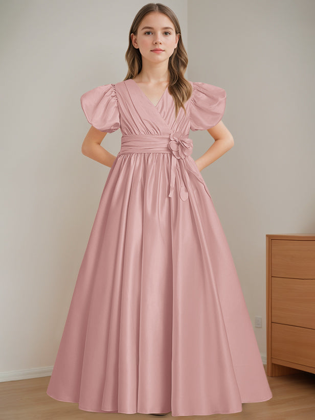 Robe de Demoiselle D'Honneur A-Line/Princess à Col en V et Manches Courtes, Longueur Au Sol, avec Fleurs 3D