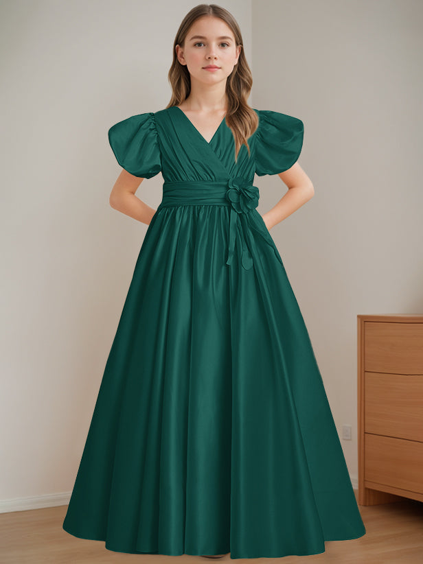 Robe de Demoiselle D'Honneur A-Line/Princess à Col en V et Manches Courtes, Longueur Au Sol, avec Fleurs 3D