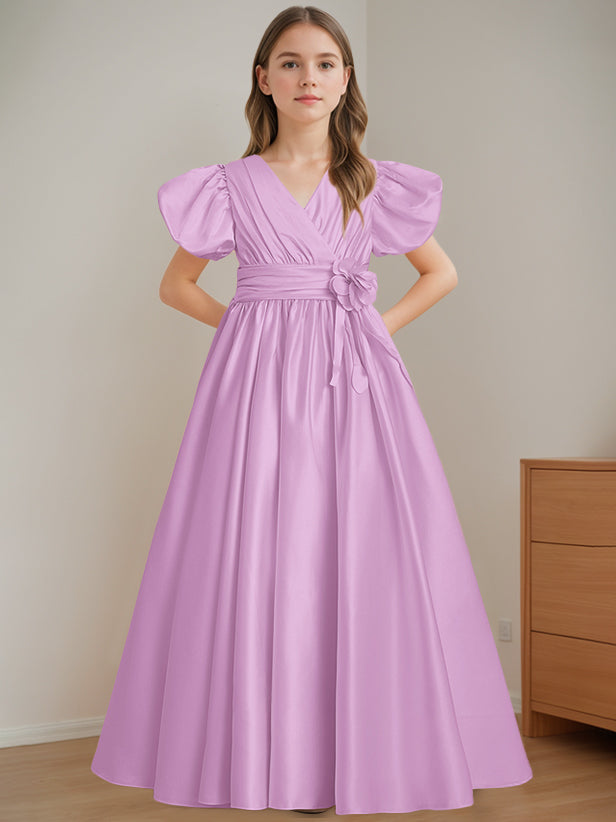 Robe de Demoiselle D'Honneur A-Line/Princess à Col en V et Manches Courtes, Longueur Au Sol, avec Fleurs 3D