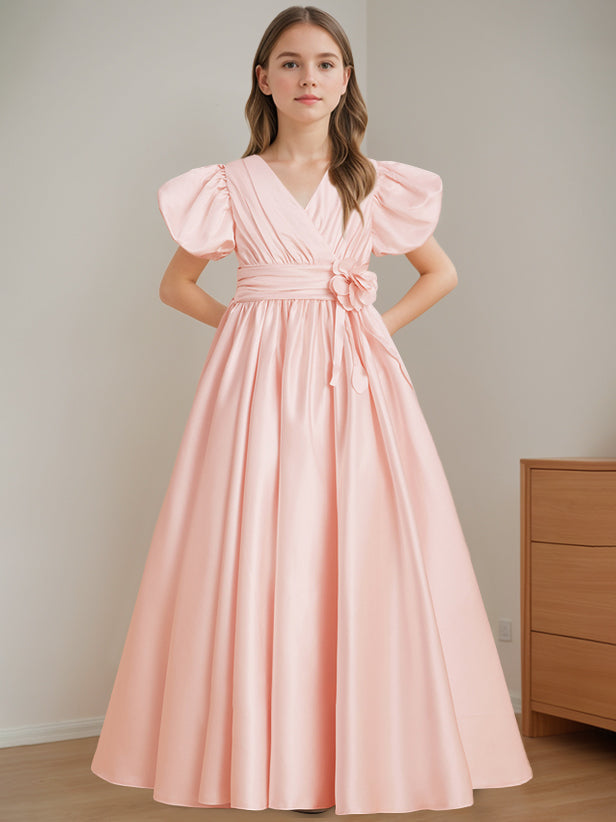 Robe de Demoiselle D'Honneur A-Line/Princess à Col en V et Manches Courtes, Longueur Au Sol, avec Fleurs 3D