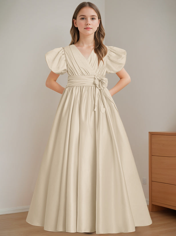 Robe de Demoiselle D'Honneur A-Line/Princess à Col en V et Manches Courtes, Longueur Au Sol, avec Fleurs 3D