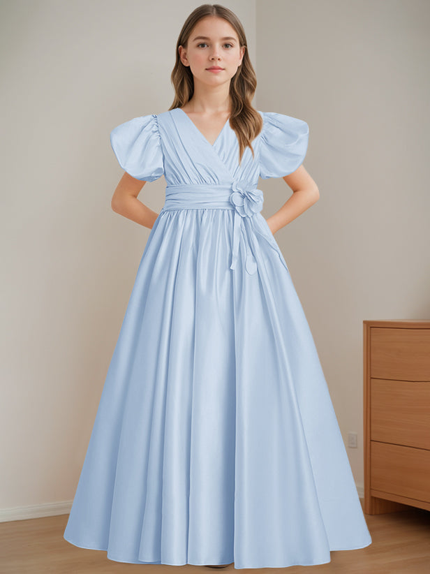 Robe de Demoiselle D'Honneur A-Line/Princess à Col en V et Manches Courtes, Longueur Au Sol, avec Fleurs 3D