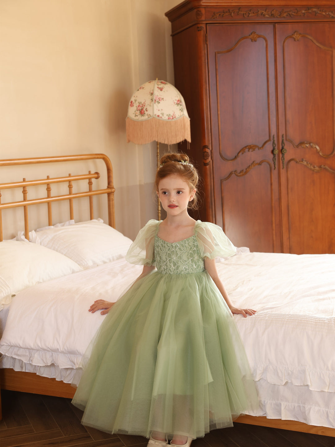 Robe de Bal en Tulle à Manches Courtes et Col Rond, Longueur Thé, pour Fille