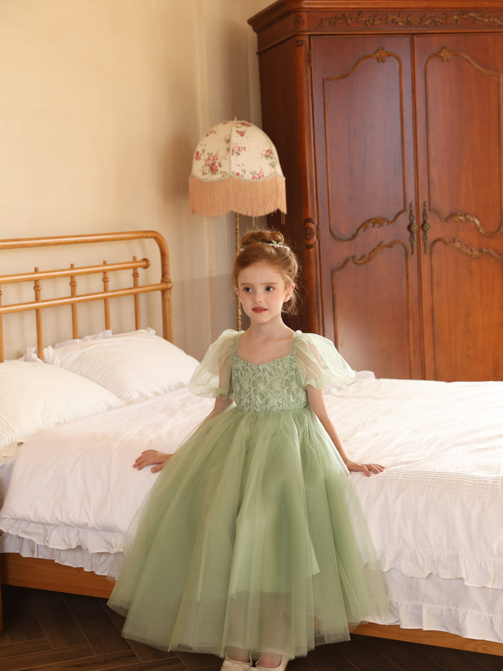 Robe de Bal en Tulle à Manches Courtes et Col Rond, Longueur Thé, pour Fille