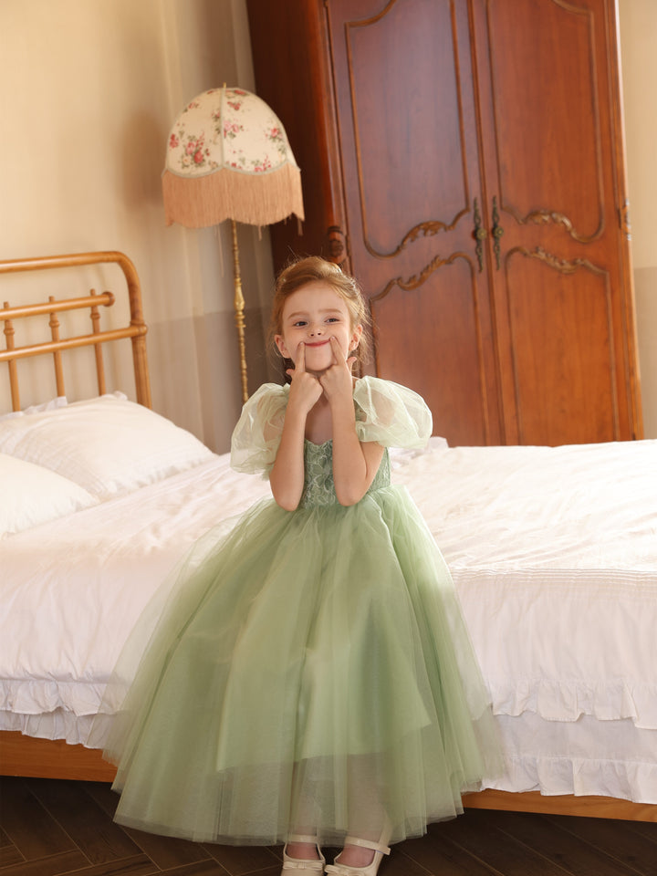 Robe de Bal en Tulle à Manches Courtes et Col Rond, Longueur Thé, pour Fille