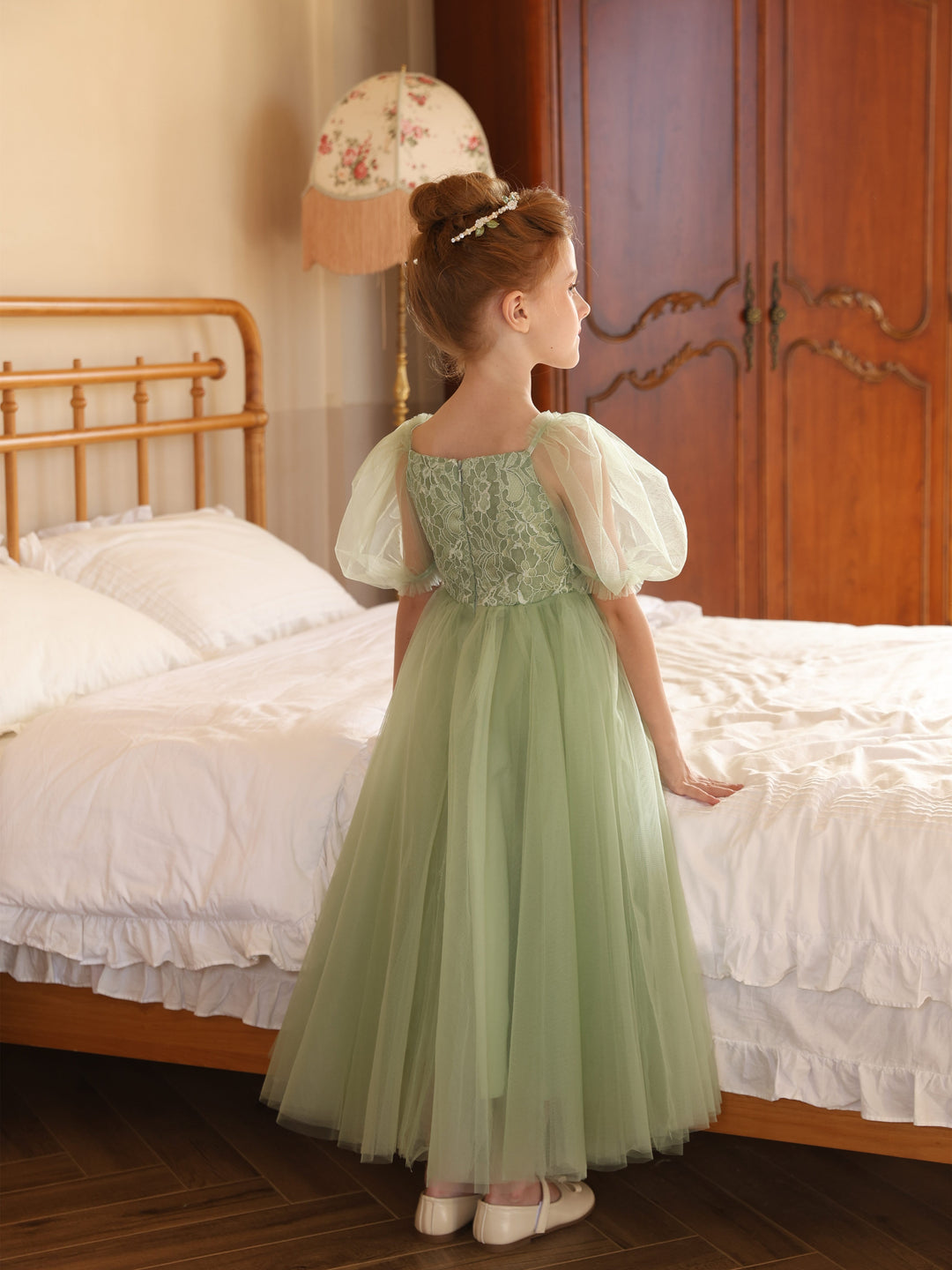 Robe de Bal en Tulle à Manches Courtes et Col Rond, Longueur Thé, pour Fille