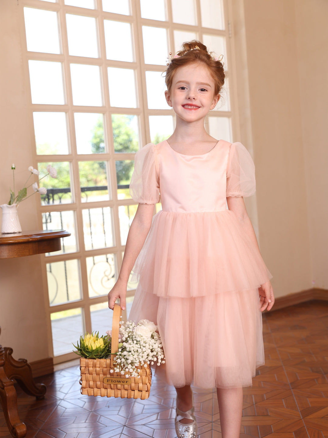 Robe de Bal à Manches Courtes et Col en V en Tulle Au Genou pour Fille