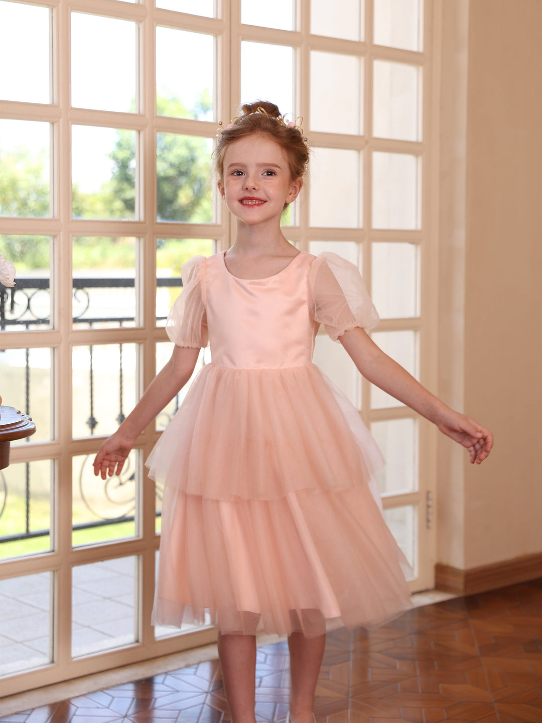 Robe de Bal à Manches Courtes et Col en V en Tulle Au Genou pour Fille