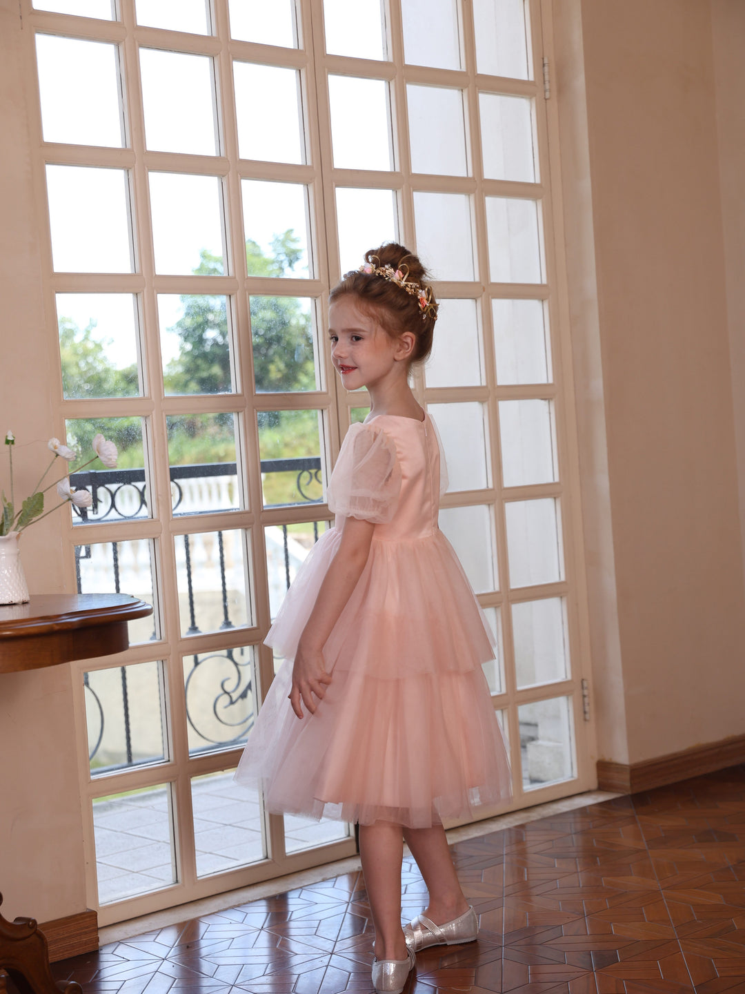 Robe de Bal à Manches Courtes et Col en V en Tulle Au Genou pour Fille