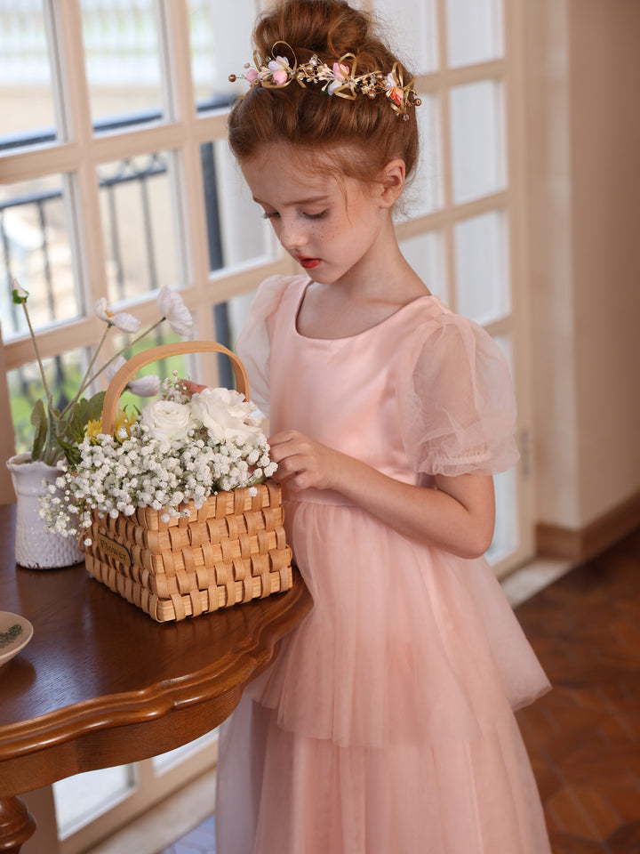 Robe de Bal à Manches Courtes et Col en V en Tulle Au Genou pour Fille