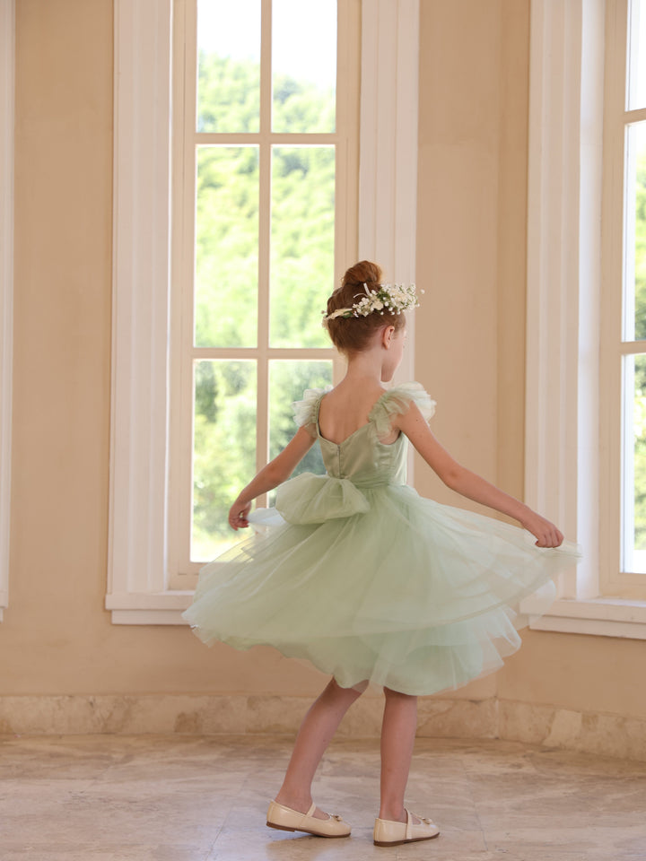 Robe de Bal à Col Carré Sans Manches Au Genou pour Fille de Fleur avec Couleur Pure