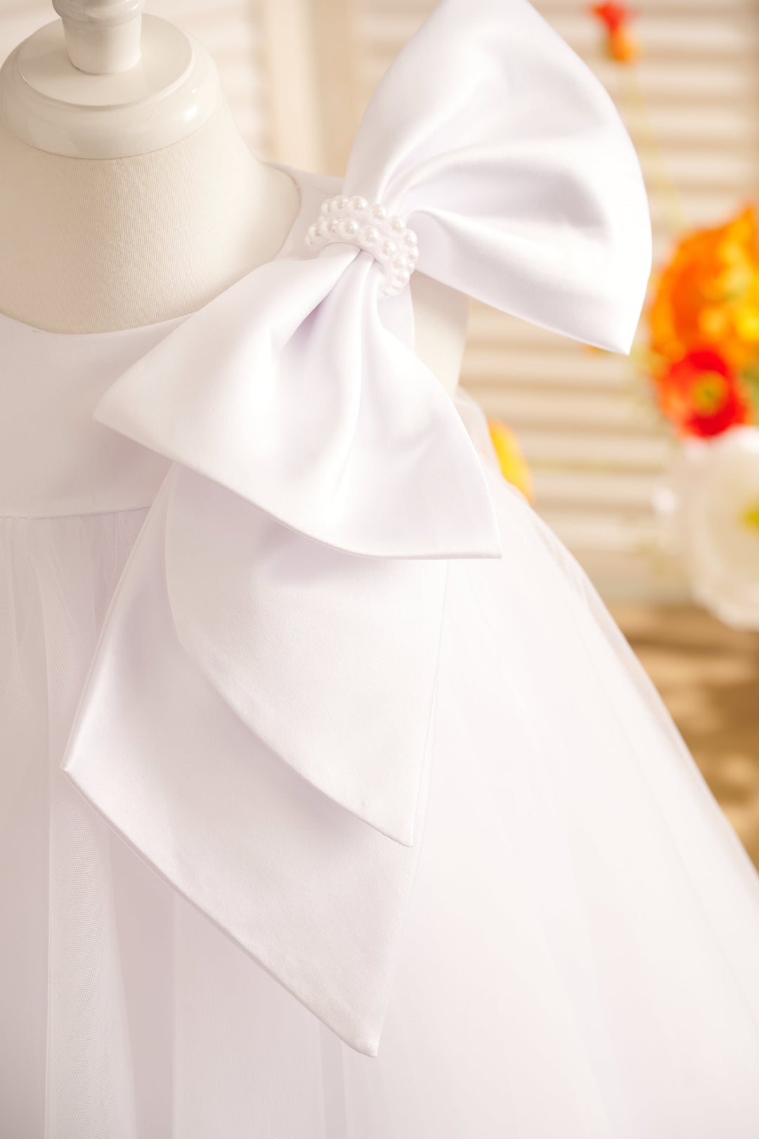 Robe de Demoiselle D'Honneur en Tulle à Gros Nœud, Coupe Trapèze, Longueur Thé, pour Petite Fille