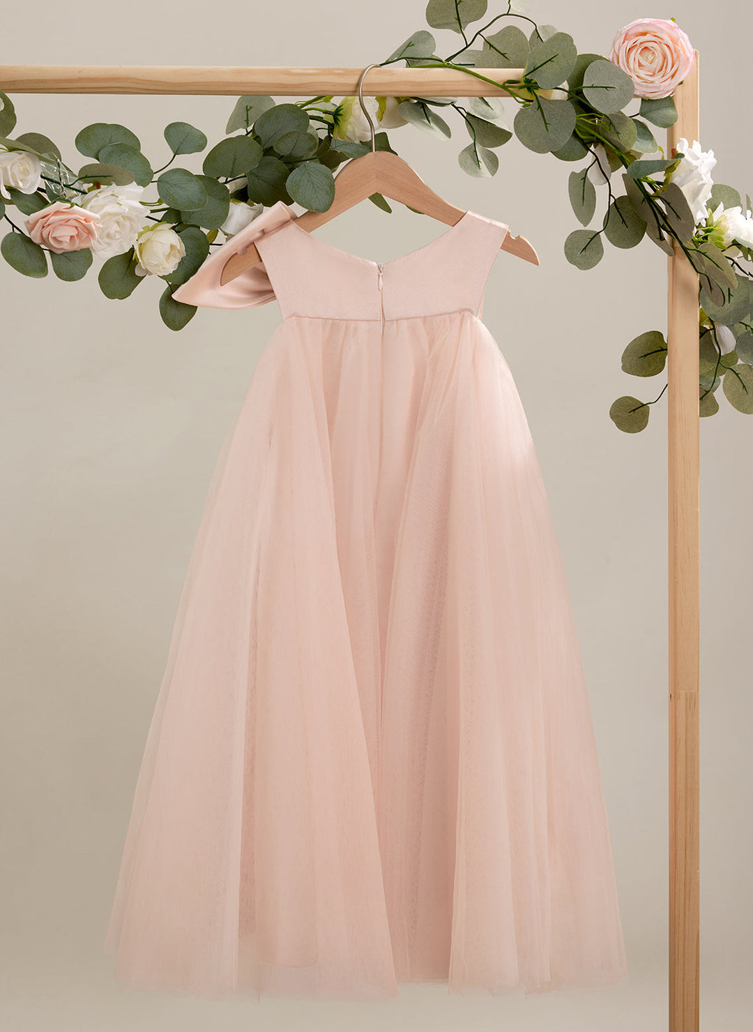 Robe de Demoiselle D'Honneur en Tulle à Gros Nœud, Coupe Trapèze, Longueur Thé, pour Petite Fille