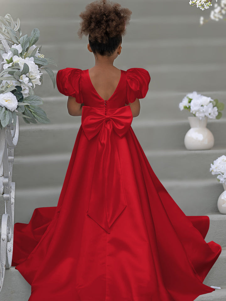 Robe de Demoiselle D'Honneur à Manches Bouffantes, Nœud, Bouton Au Dos, Traîne