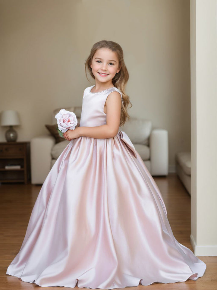 Robe Rose en Satin Sans Manches avec Décolleté Perlé et Nœud