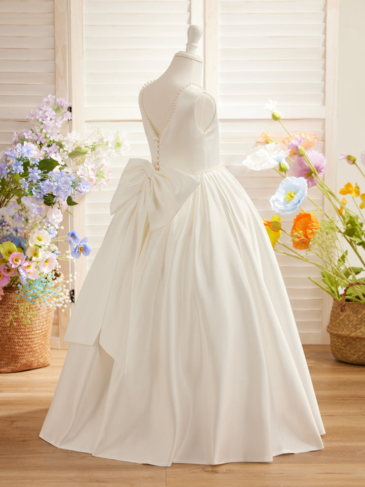 Robe Rose en Satin Sans Manches avec Décolleté Perlé et Nœud