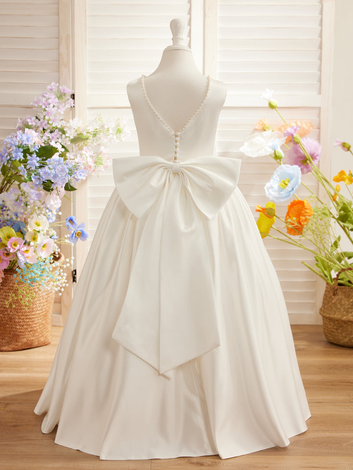 Robe Rose en Satin Sans Manches avec Décolleté Perlé et Nœud