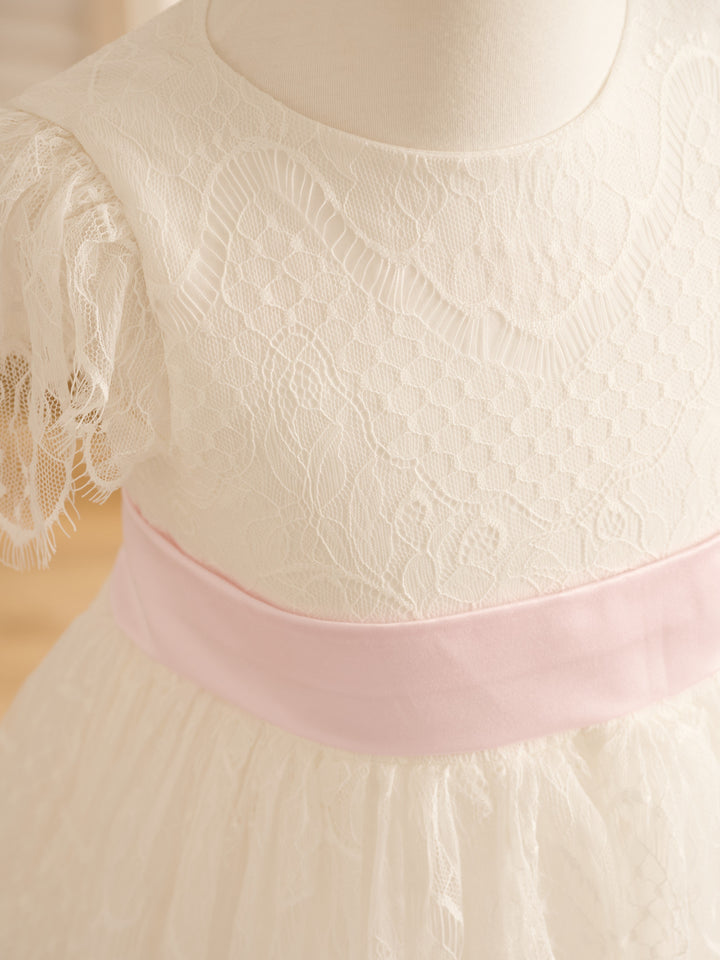 Robe de Demoiselle D'Honneur de Première Communion en Dentelle Ivoire