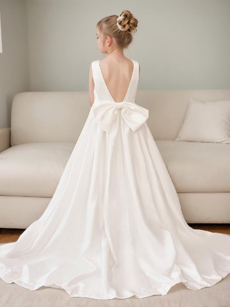 Robe de Demoiselle D'Honneur en Satin Sans Manches de Princesse Coupe A avec Traîne et Nœud