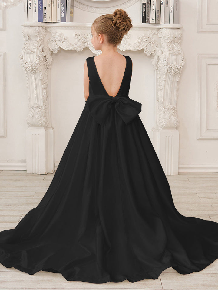 Robe de Demoiselle D'Honneur en Satin Sans Manches de Princesse Coupe A avec Traîne et Nœud