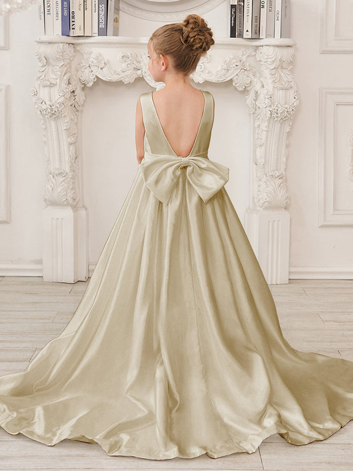 Robe de Demoiselle D'Honneur en Satin Sans Manches de Princesse Coupe A avec Traîne et Nœud