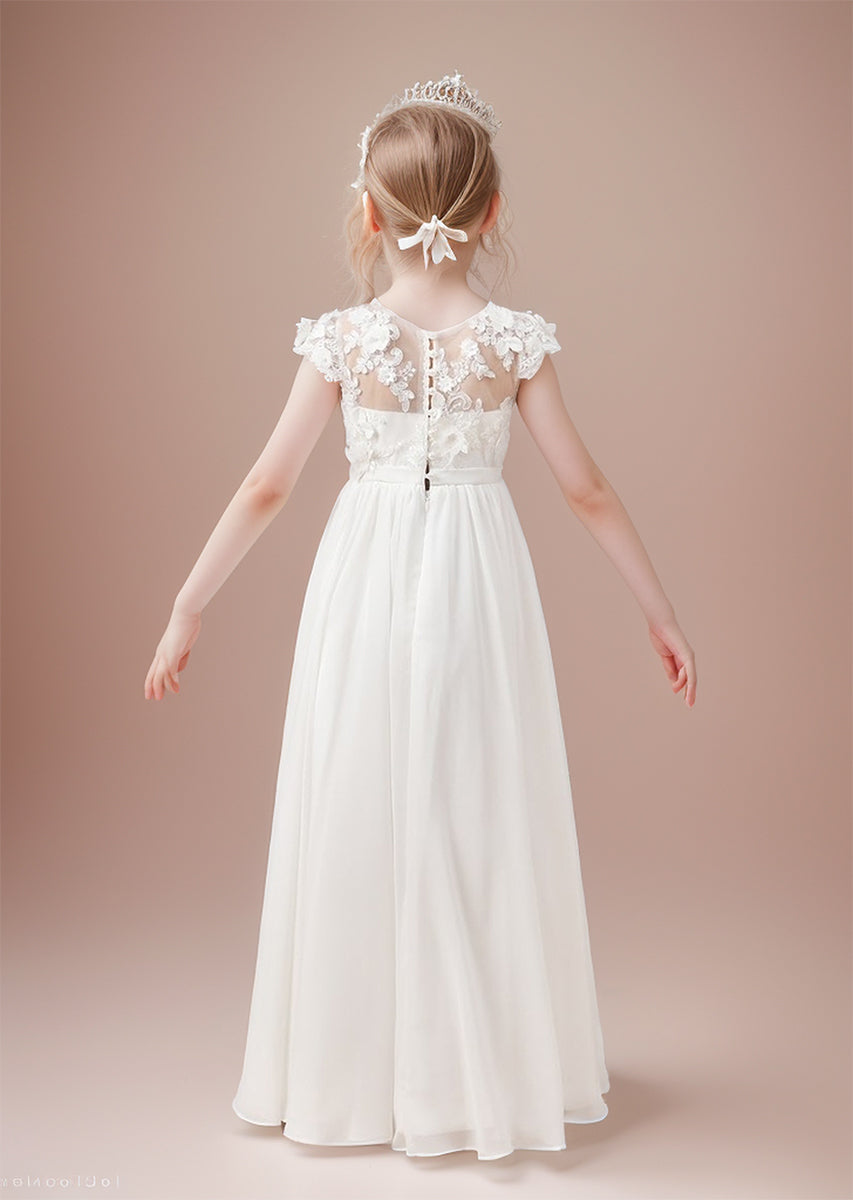 Robe de Première Communion Ivoire Longue en Mousseline de Soie et Tulle
