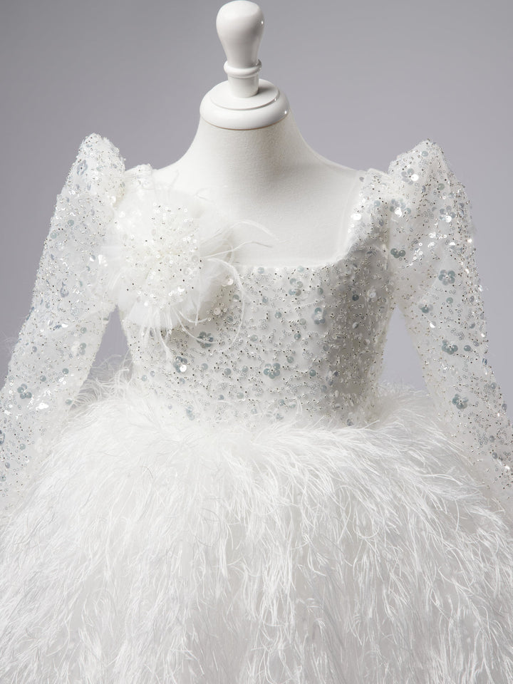Robe Blanche en Tulle et Plumes Jusqu'Aux Genoux pour Bébé Fille