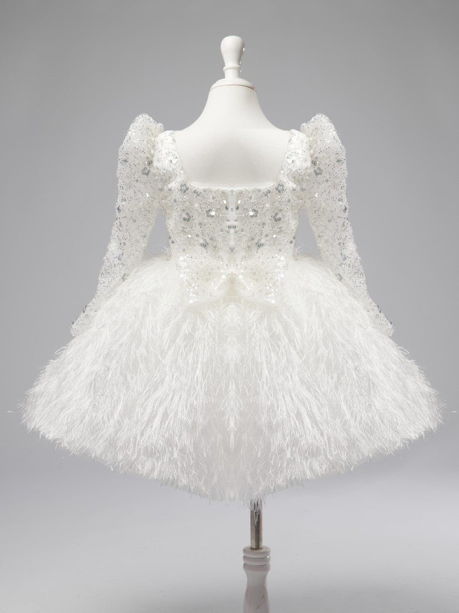 Robe Blanche en Tulle et Plumes Jusqu'Aux Genoux pour Bébé Fille