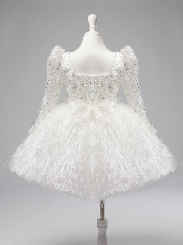 Robe Blanche en Tulle et Plumes Jusqu'Aux Genoux pour Bébé Fille