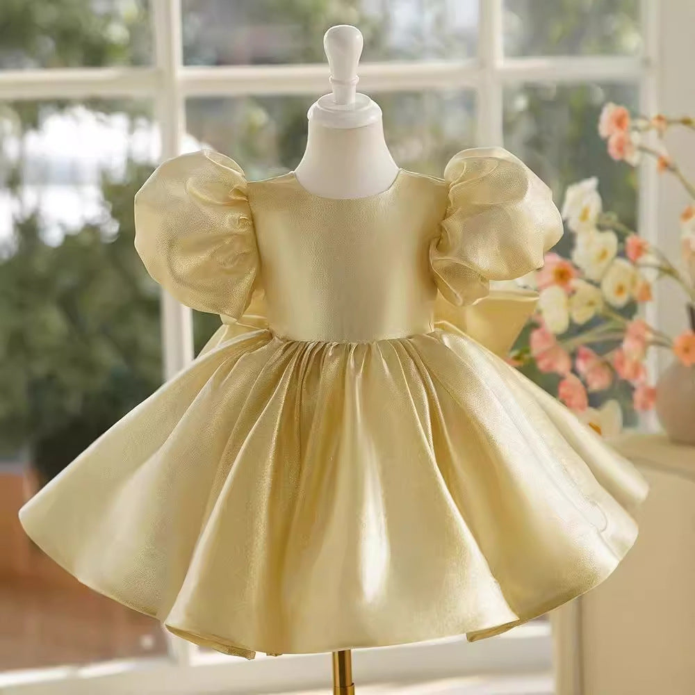 Robe de Bal/Princesse en Satin Champagne pour Bébé Fille, Longueur Genou